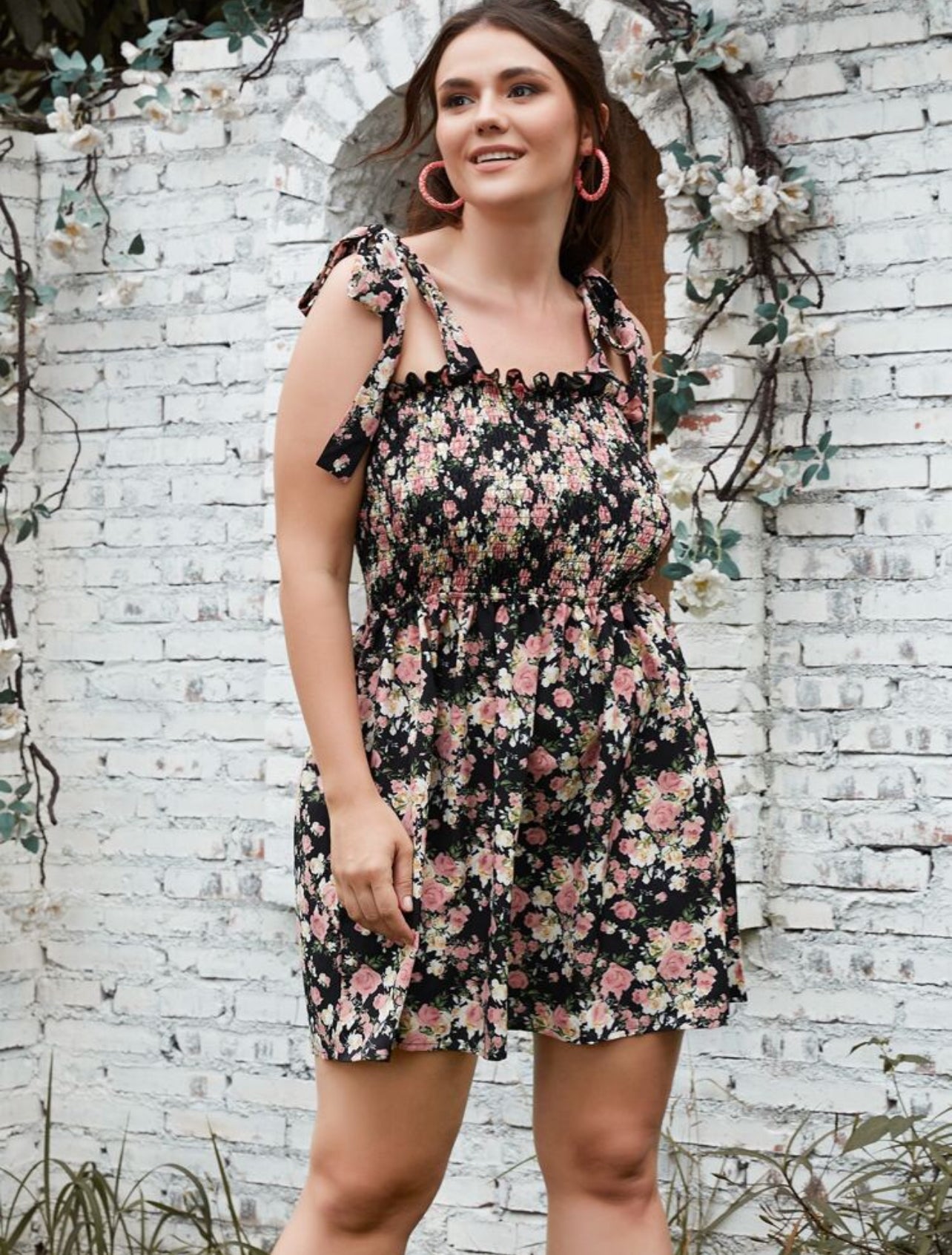 Shein Plus Floral Print Shirred Tie Shoulder Summer Dress - 0XL