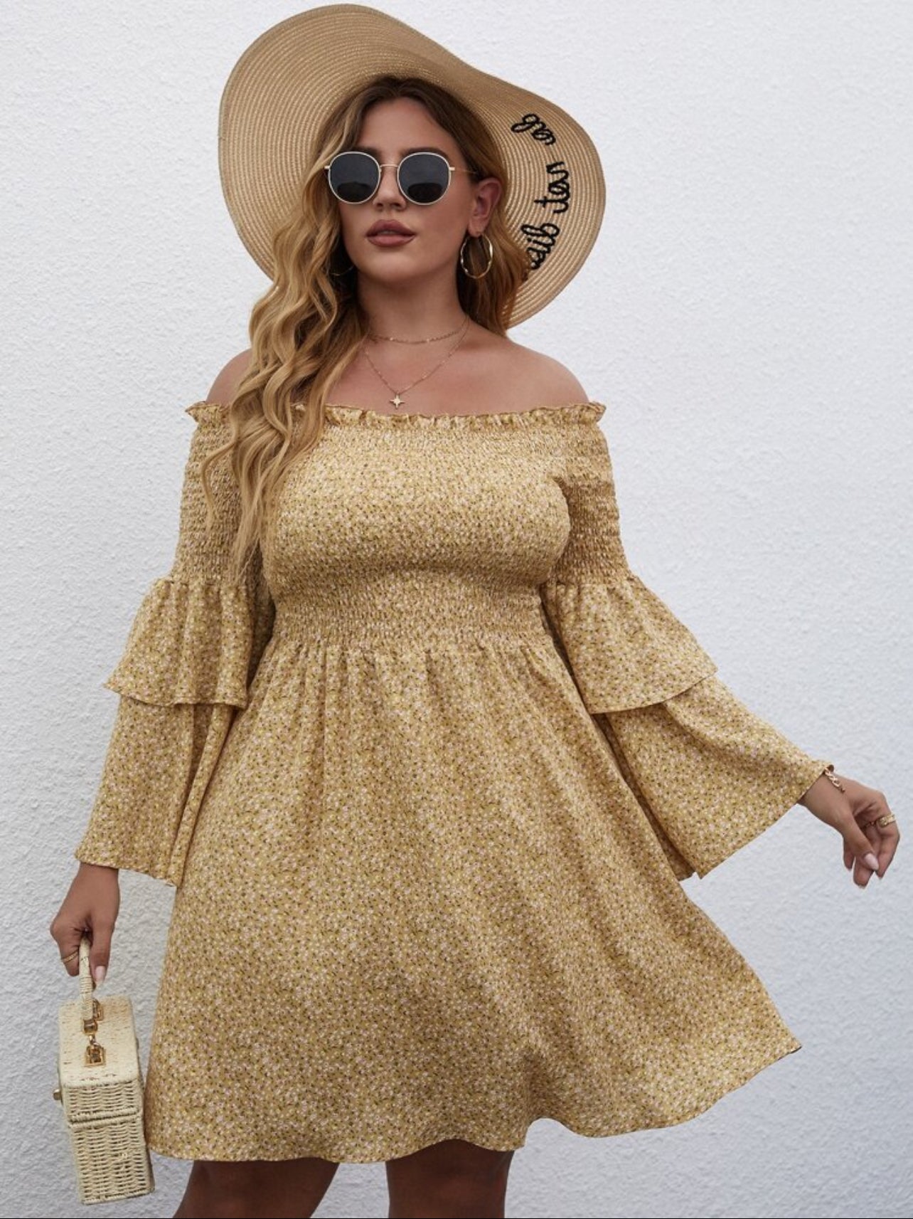 SHEIN Holidaya Plus Ditsy Floral Shirred Bodice Bardot Summer Dress - 0XL