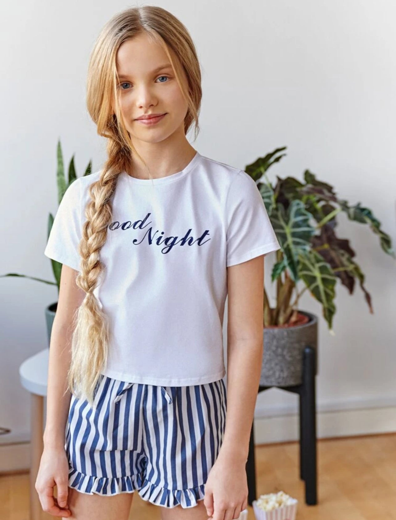 SHEIN Girls Letter Graphic Tee & Striped Ruffle Hem Shorts PJ Summer Set - 7Y