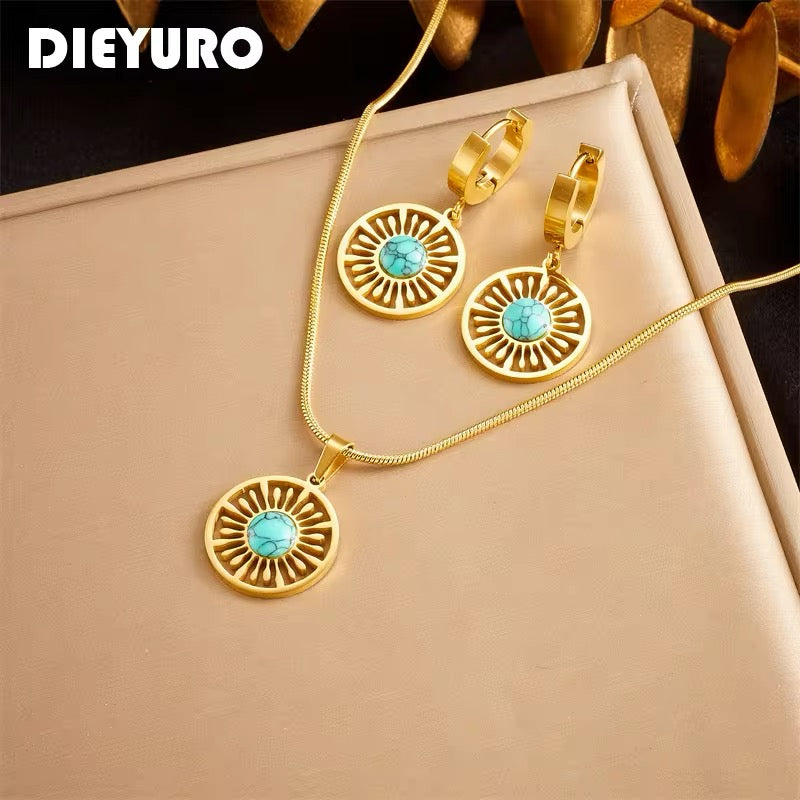 2024 Stainless Steel Round Turquoise Necklace Earrings for Women Jewelry Set High Quality Vintage Party Gift