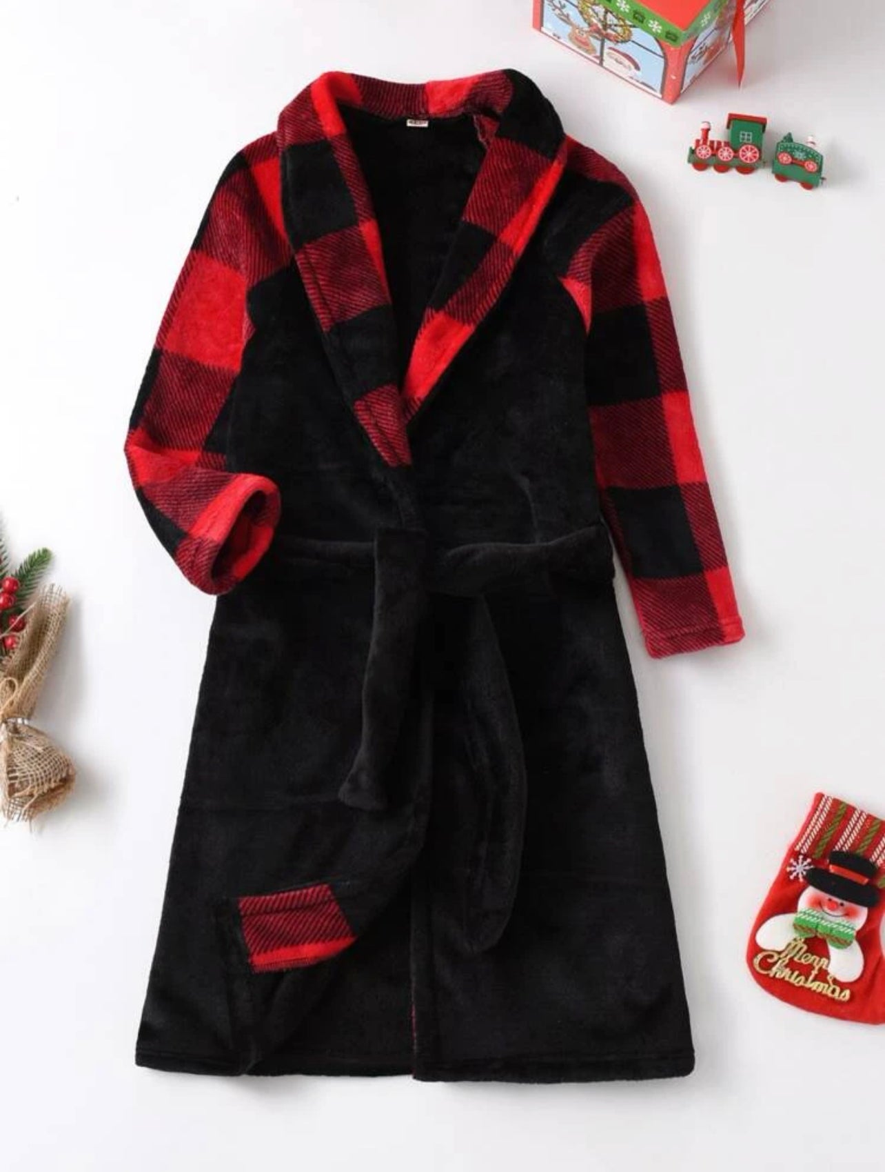 SHEIN Boys Buffalo Plaid Shawl Collar Belted Flannel Sleep Robe - 5 Years