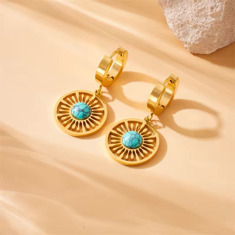 2024 Stainless Steel Round Turquoise Necklace Earrings for Women Jewelry Set High Quality Vintage Party Gift