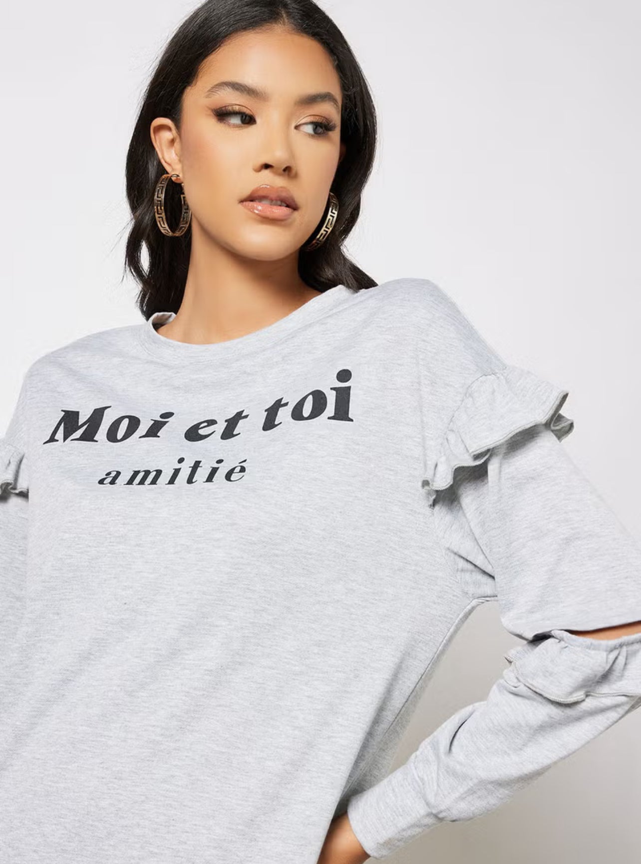 Casual Round Neck Ruffle Detail Sleeve Sweatshirt Loose Mini Dress Grey - Med