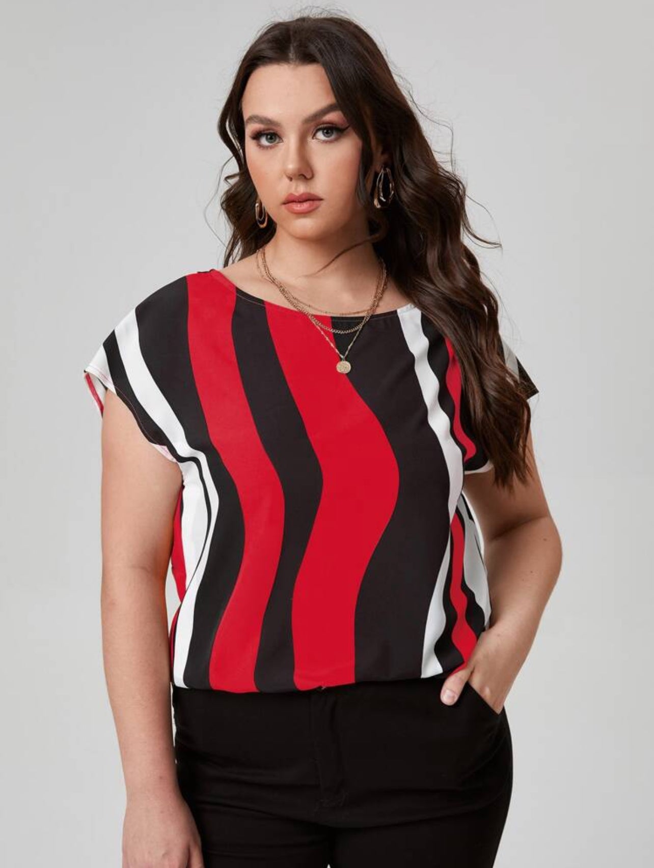 SHEIN Plus Colorblock Striped Print Twist Split Back Summer Blouse - 2XL