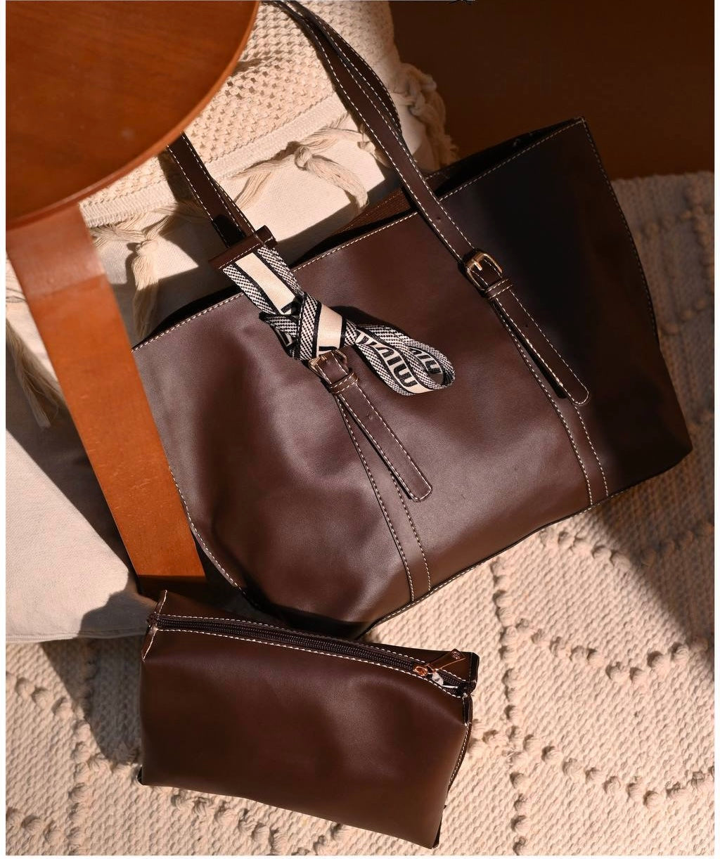 Elegant Brown Tote Handbag Set β Spacious Daily Bag with Matching Pouch
