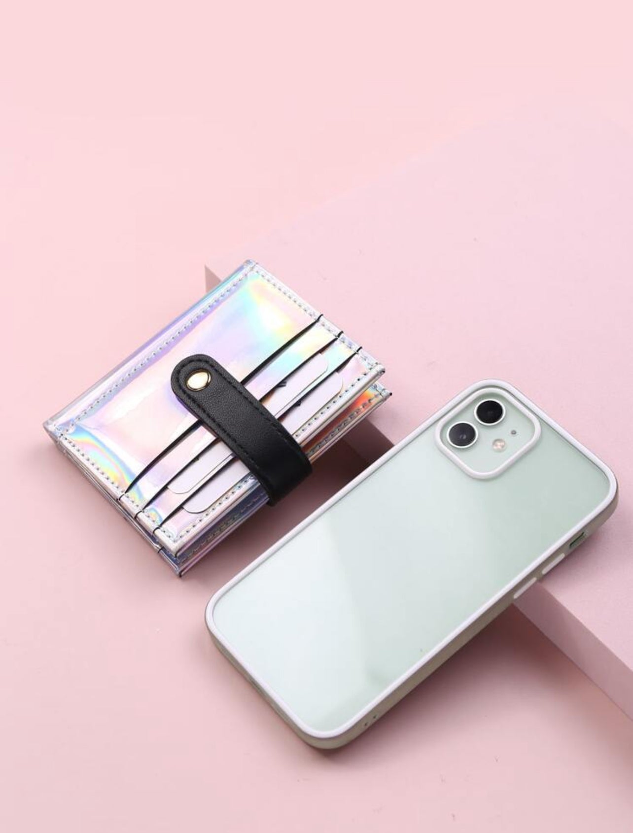 SHEIN Holographic Snap Button Lightweight Portable Card For Female Card Holder Wallet Business Card Holder Credit Card Holder Id Card Holder Mini wallet