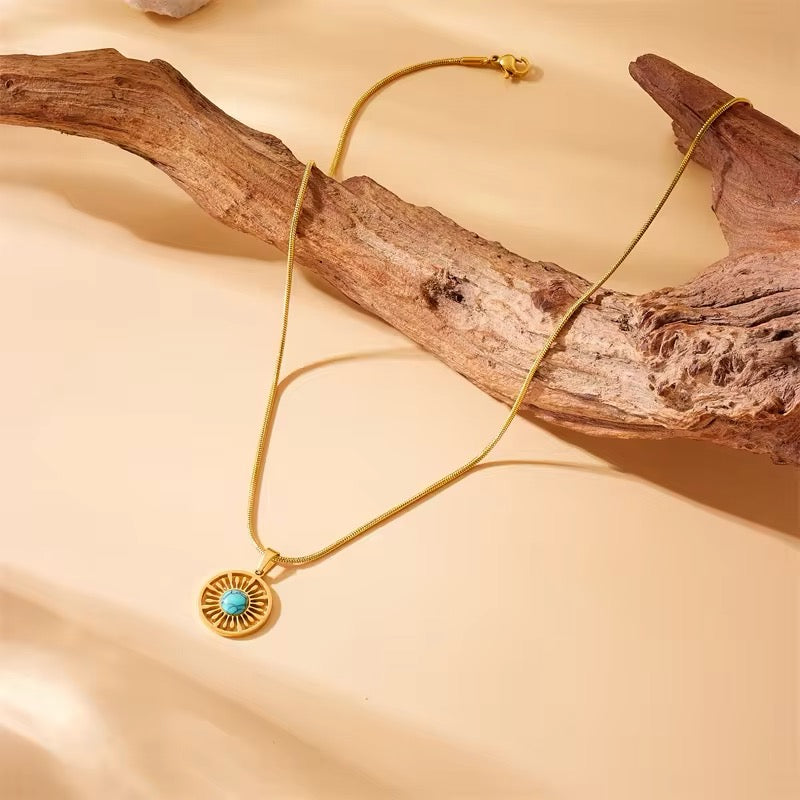 2024 Stainless Steel Round Turquoise Necklace Earrings for Women Jewelry Set High Quality Vintage Party Gift