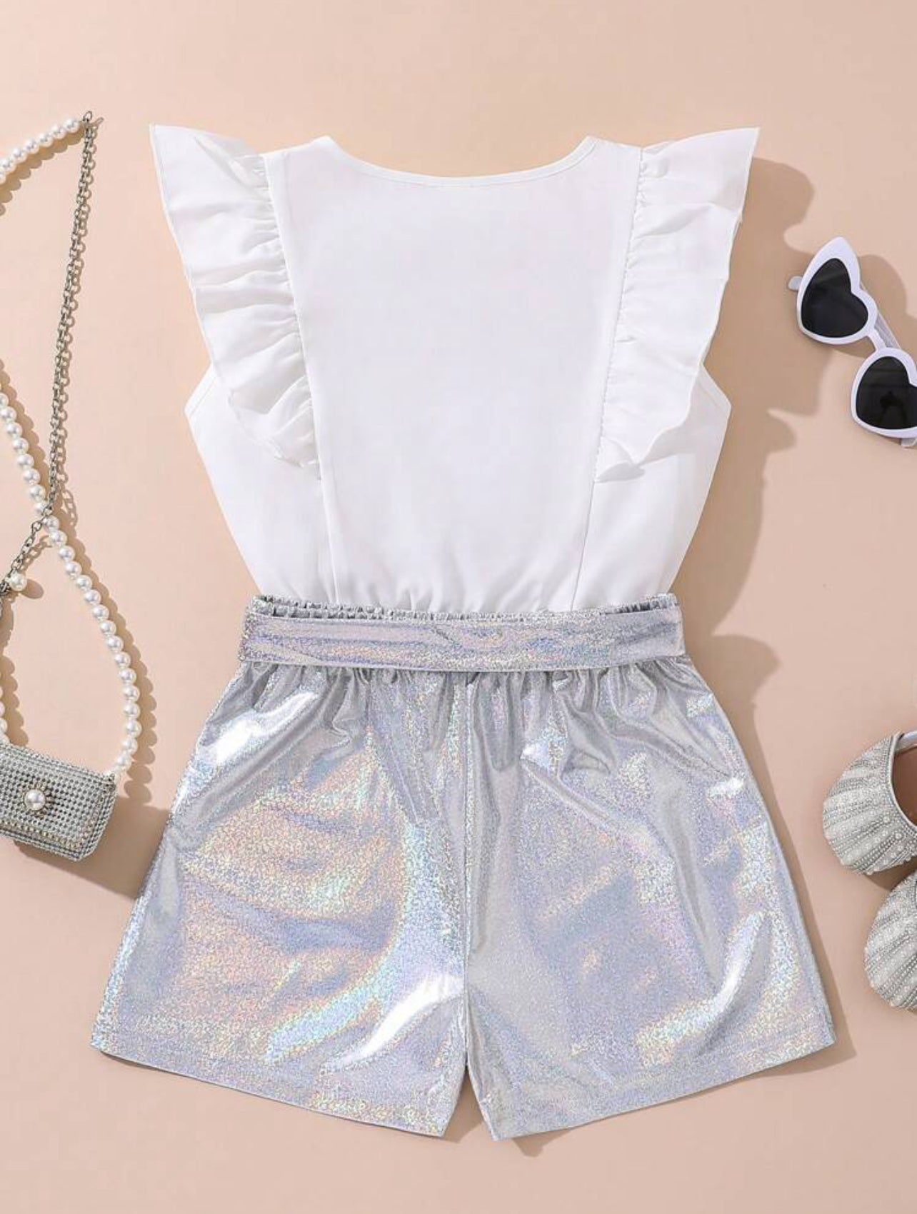 SHEIN Tween Girl's Short Sleeve Blouse And Holographic Shorts - 10Y