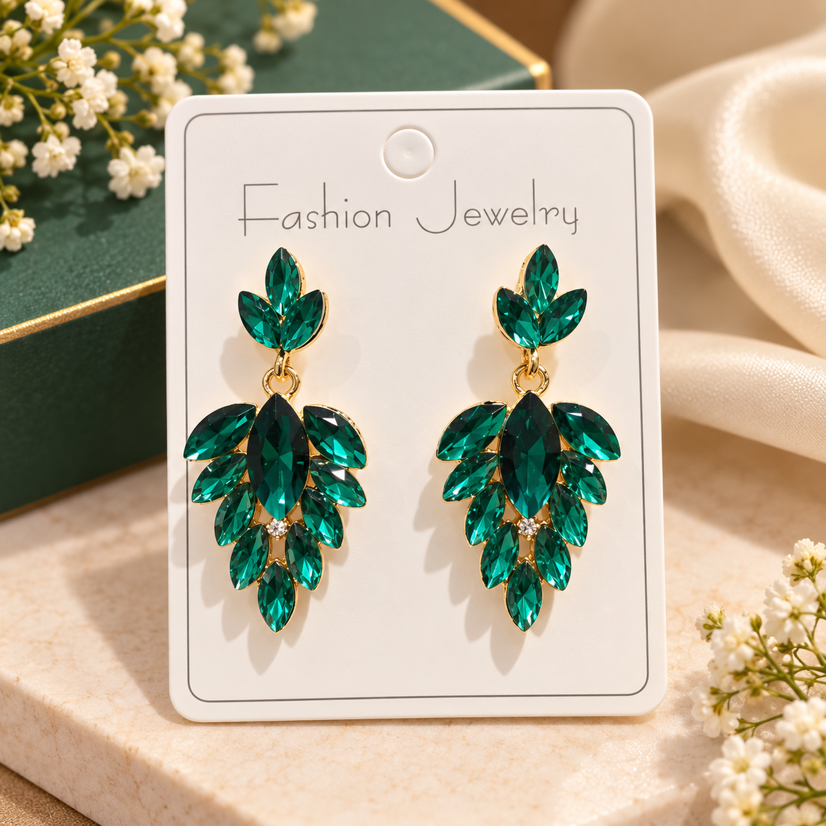 Christmas Green Crystal Leaf Drop Earrings – Festive Statement Earrings