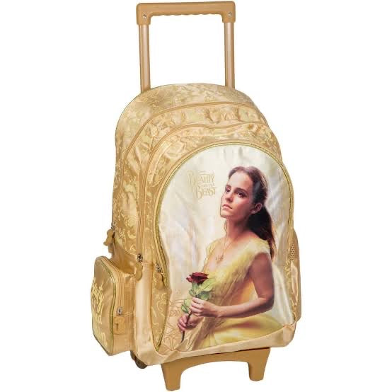 First Kid Beauty and the Beast Print Zip-up Trolley School Backpack for Girls - Yellow