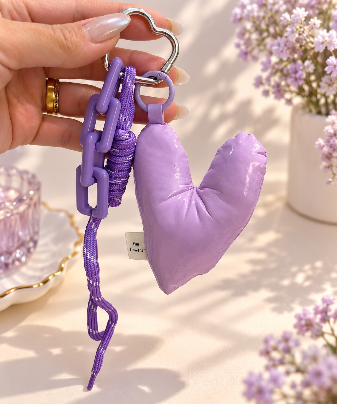 Puffy Heart Keychain with Chunky Chain & Rope – Pink, Purple & Silver