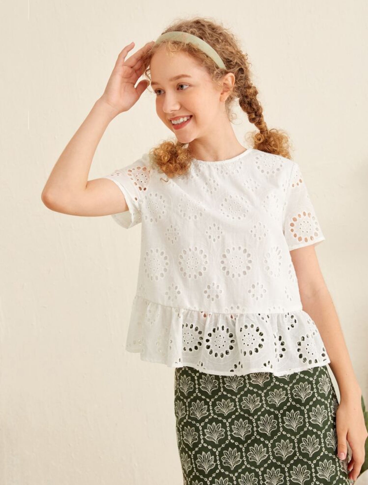 SHEIN Teen Girls Solid Ruffle Hem Schiffy Peplum Summer Top - 8Y