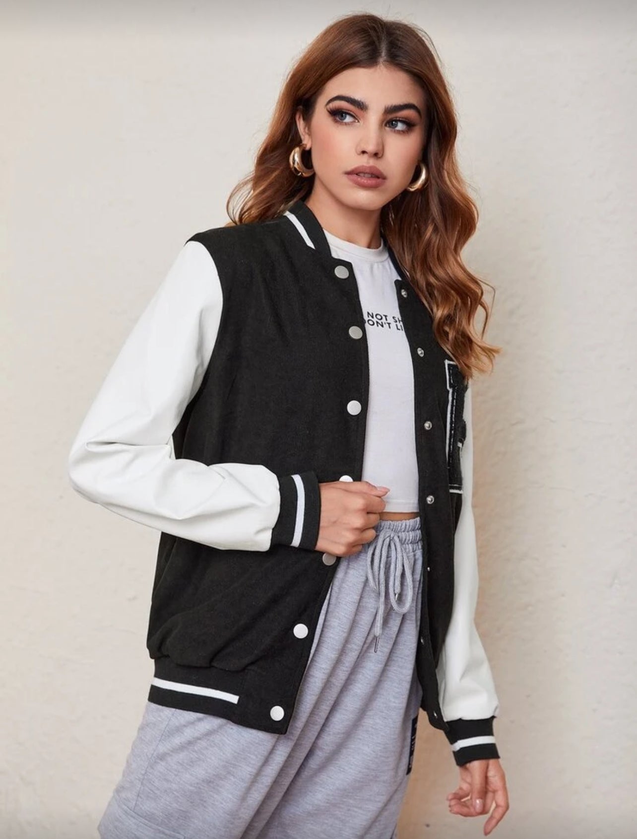 SHEIN Letter Patched Contrast Sleeve Varsity Jacket - M
