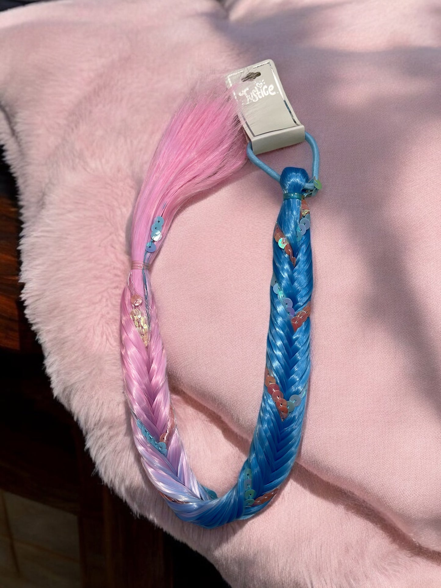 2Pcs Justice Blue Pink Sequin Faux Hair Piece Ponytail Braid Halloween Costume Birthday Advertise