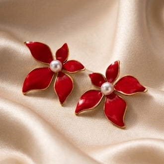Red Flower Pearl Stud Earrings – Christmas Holiday Jewelry