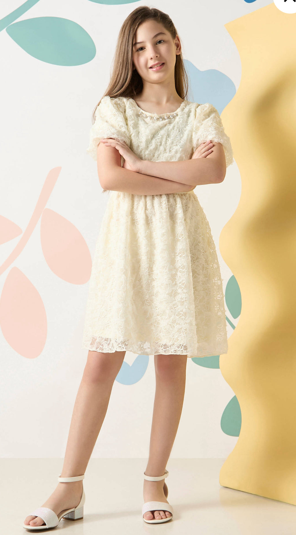 Textured Balloon Sleeves A-Line Dress - 11 Years