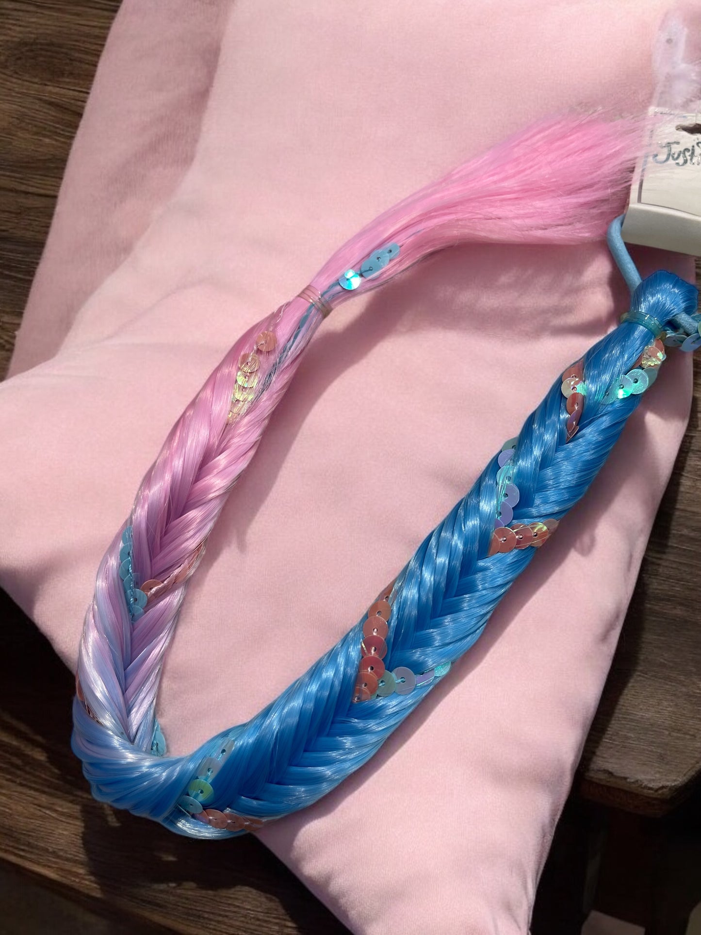 2Pcs Justice Blue Pink Sequin Faux Hair Piece Ponytail Braid Halloween Costume Birthday Advertise