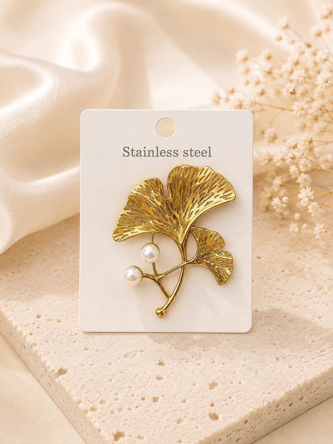 Golden Ginkgo Pearl Brooch – Stainless Steel