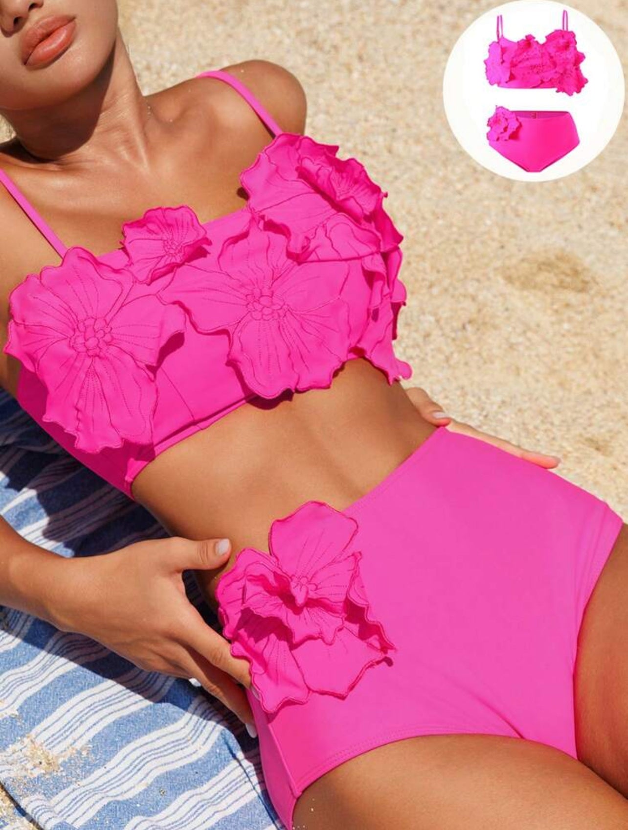 Swim Vcay Women's Summer Beach Hot Pink Solid Color 3D Flower Decorated Bikini Set Summer Two Pieces Set - Medium