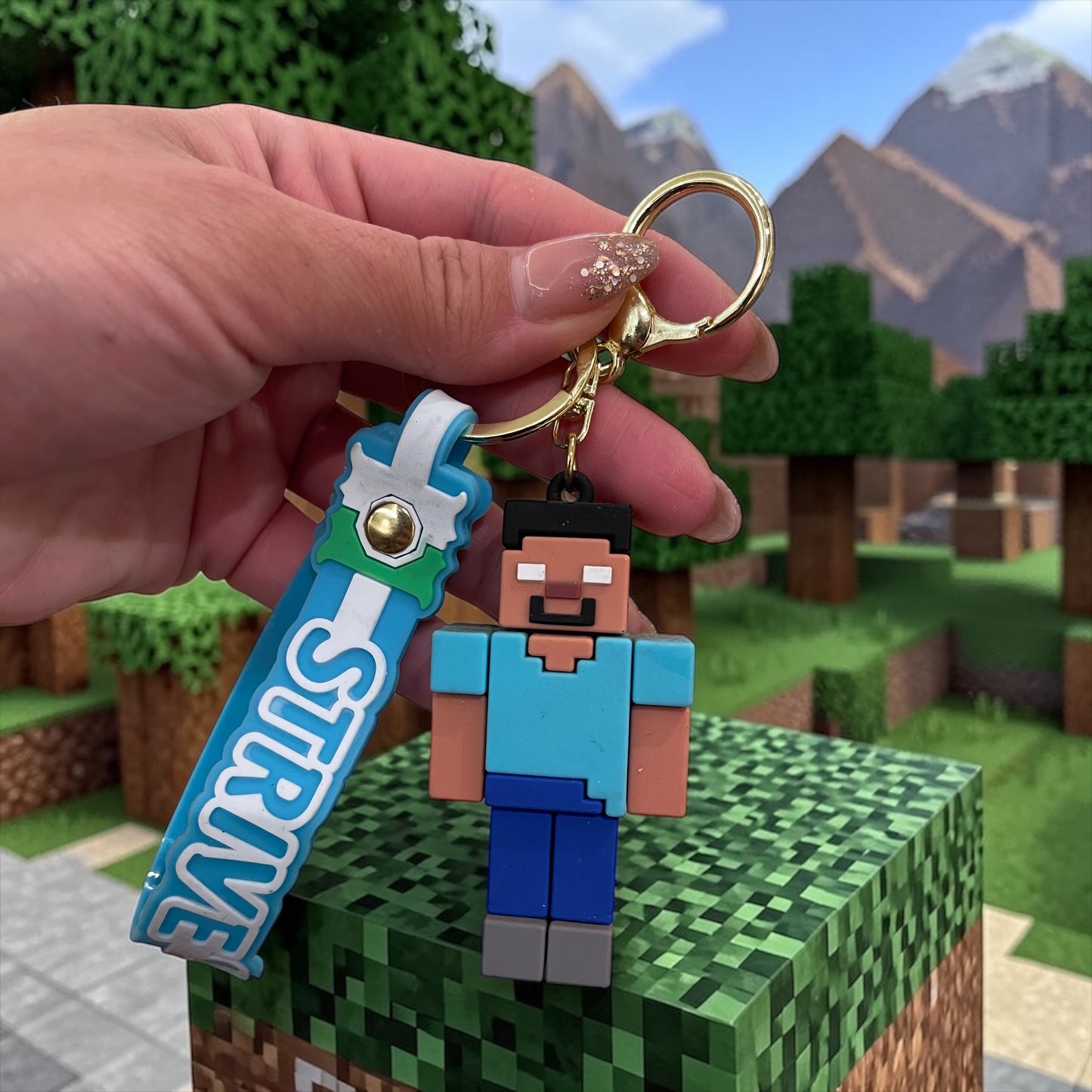 Minecraft Silicone Keychain – Steve & Villager Character Key with STRIVE Tag | Cute Gamer Bag Charm
