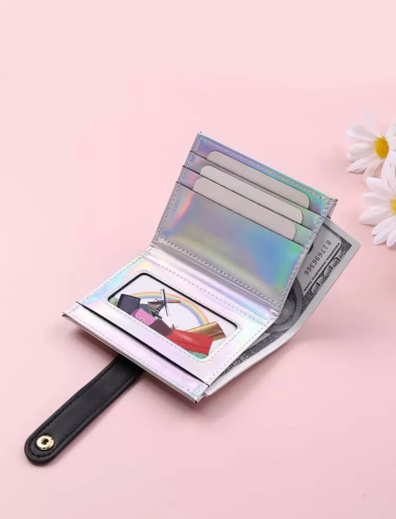 SHEIN Holographic Snap Button Lightweight Portable Card For Female Card Holder Wallet Business Card Holder Credit Card Holder Id Card Holder Mini wallet