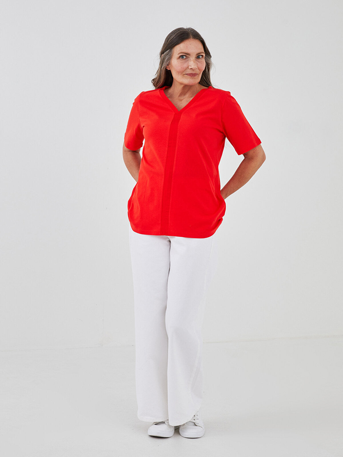 LCW V-Neck Straight Short Sleeve Blouse- Large