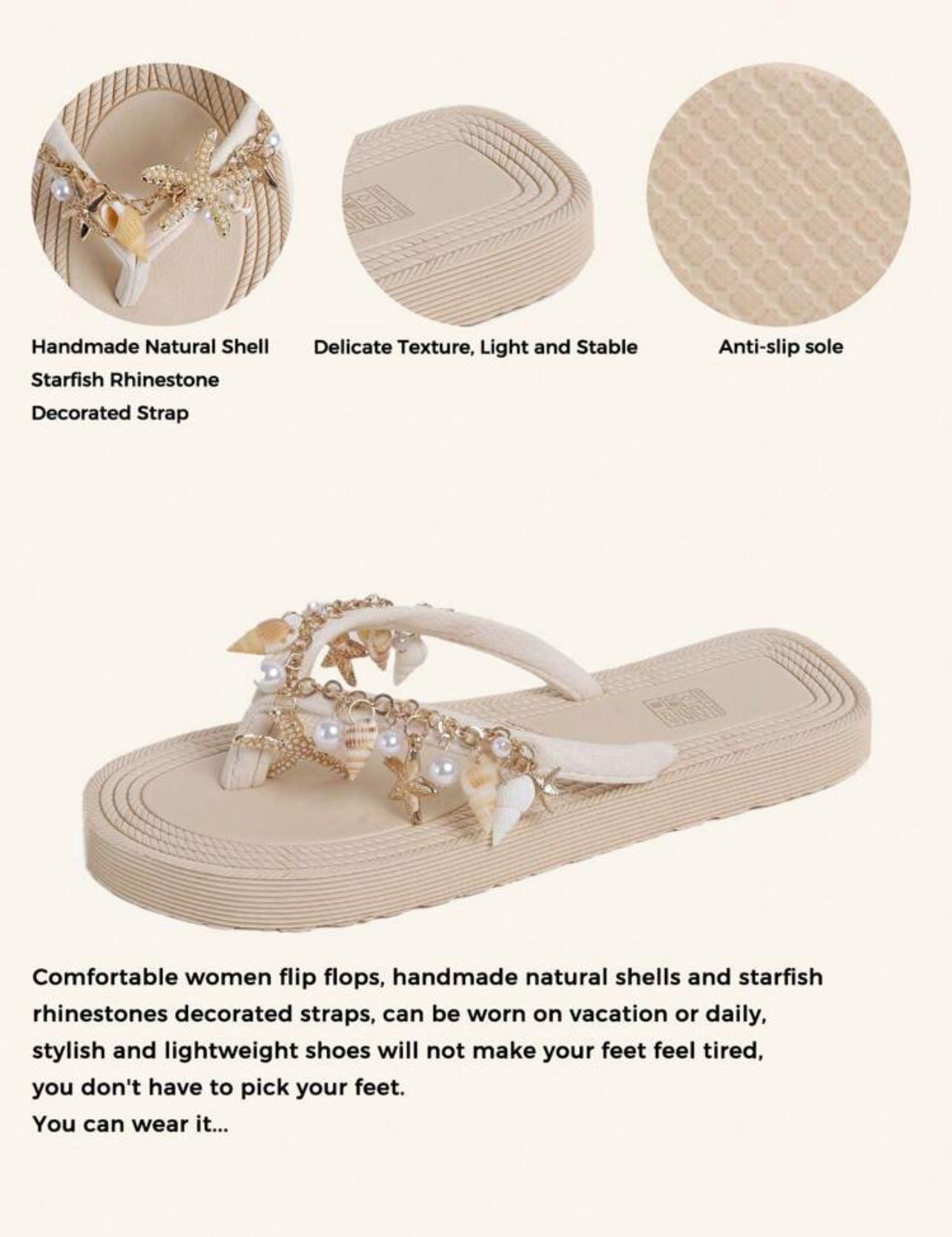 SHEIN Handmade Natural Shell And Starfish Rhinestone Decorated Strap, Straw Design Flat-Soled Fashionable Casual Beach Sandals, Suitable For Summer Beaches, Vacations, CN41