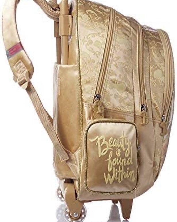 First Kid Beauty and the Beast Print Zip-up Trolley School Backpack for Girls - Yellow