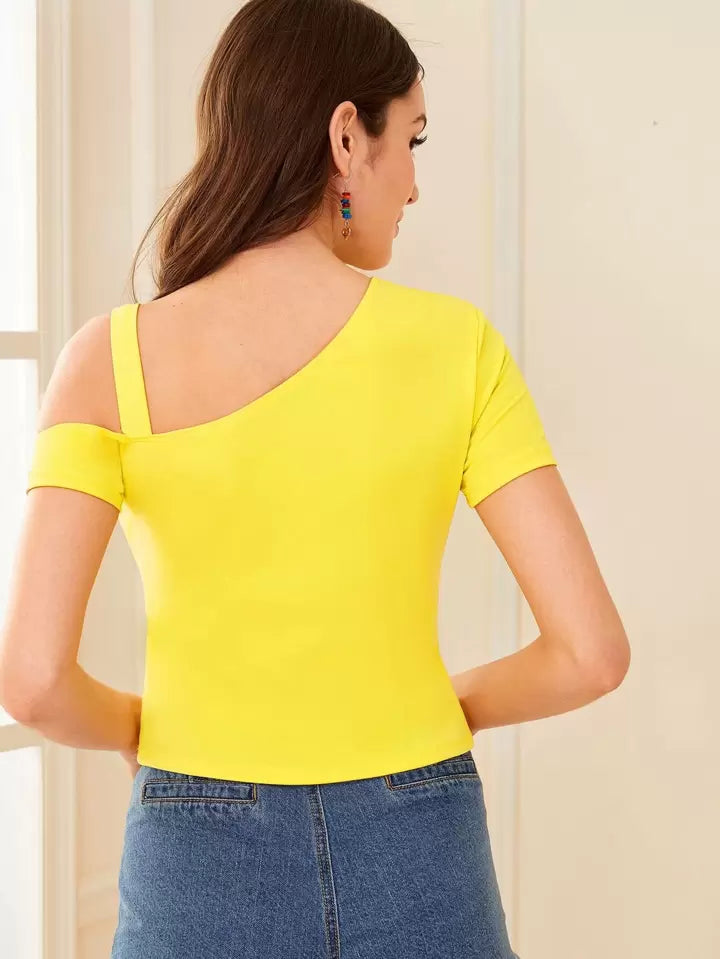 SHEIN Privé Neon Yellow Asymmetrical Neck Top - L