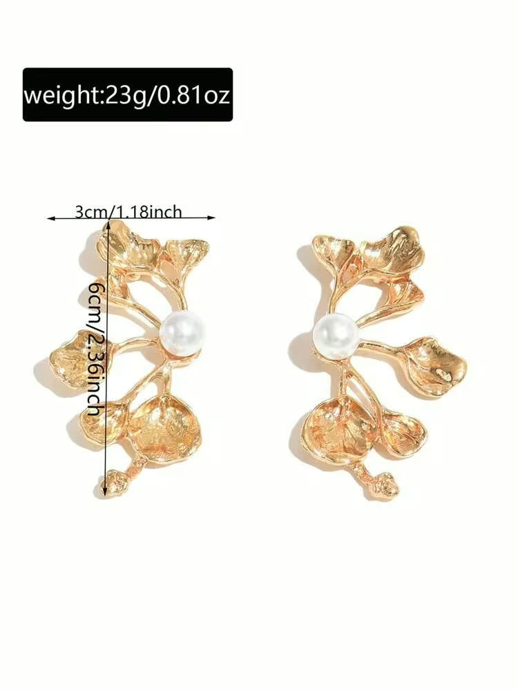 1 Pair Vintage European & American Style Long Leaf Shaped Metal & Faux Pearl Dangle Earrings For Women, Everyday Wear