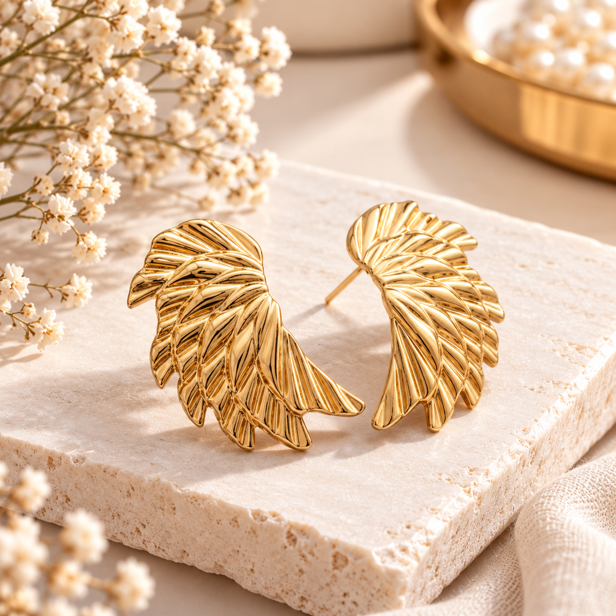 Gold Stainless Steel Feather Wing Statement Earrings
