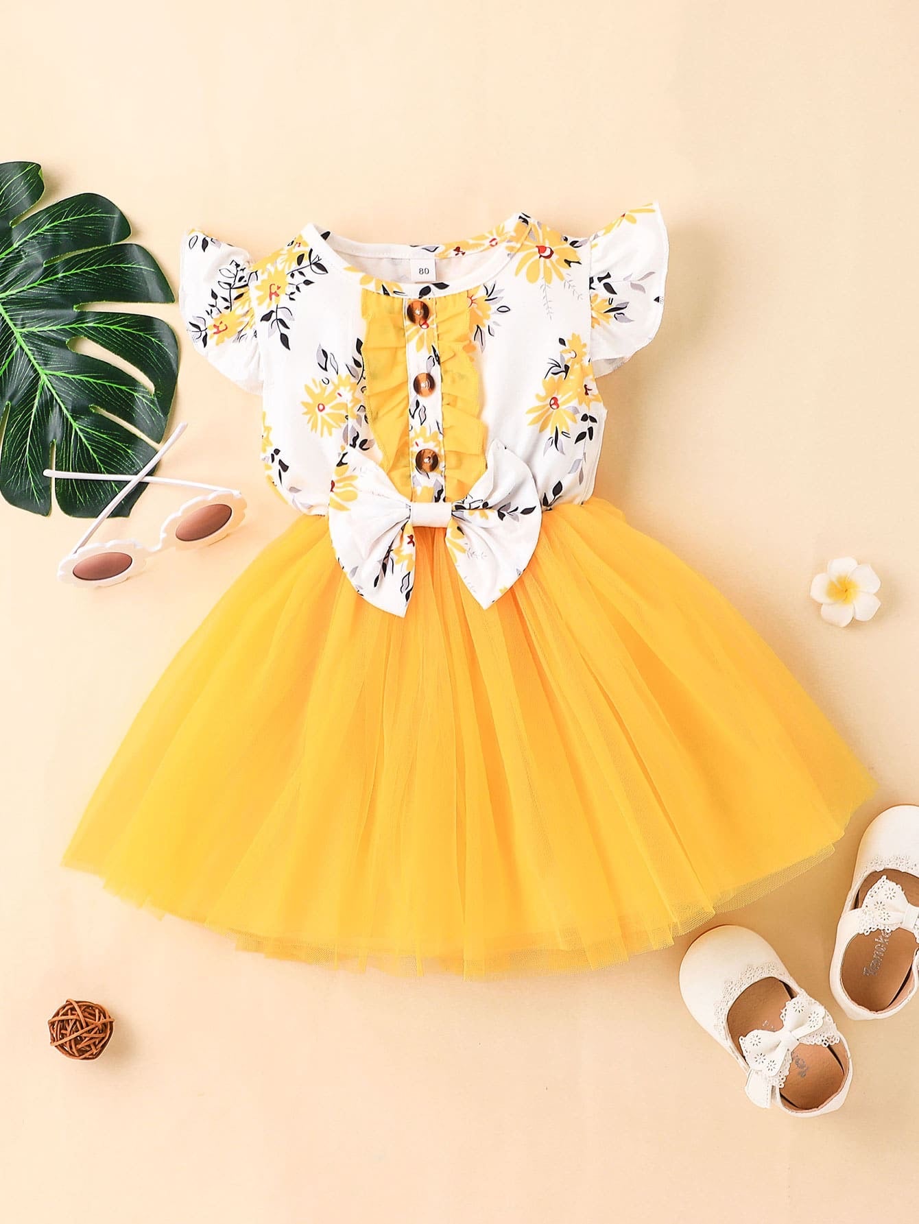 Shein Toddler Girls Floral Print Frilled Bow Front Ruffle Trim Mesh Overlay Summer Dress - 2,3 Years