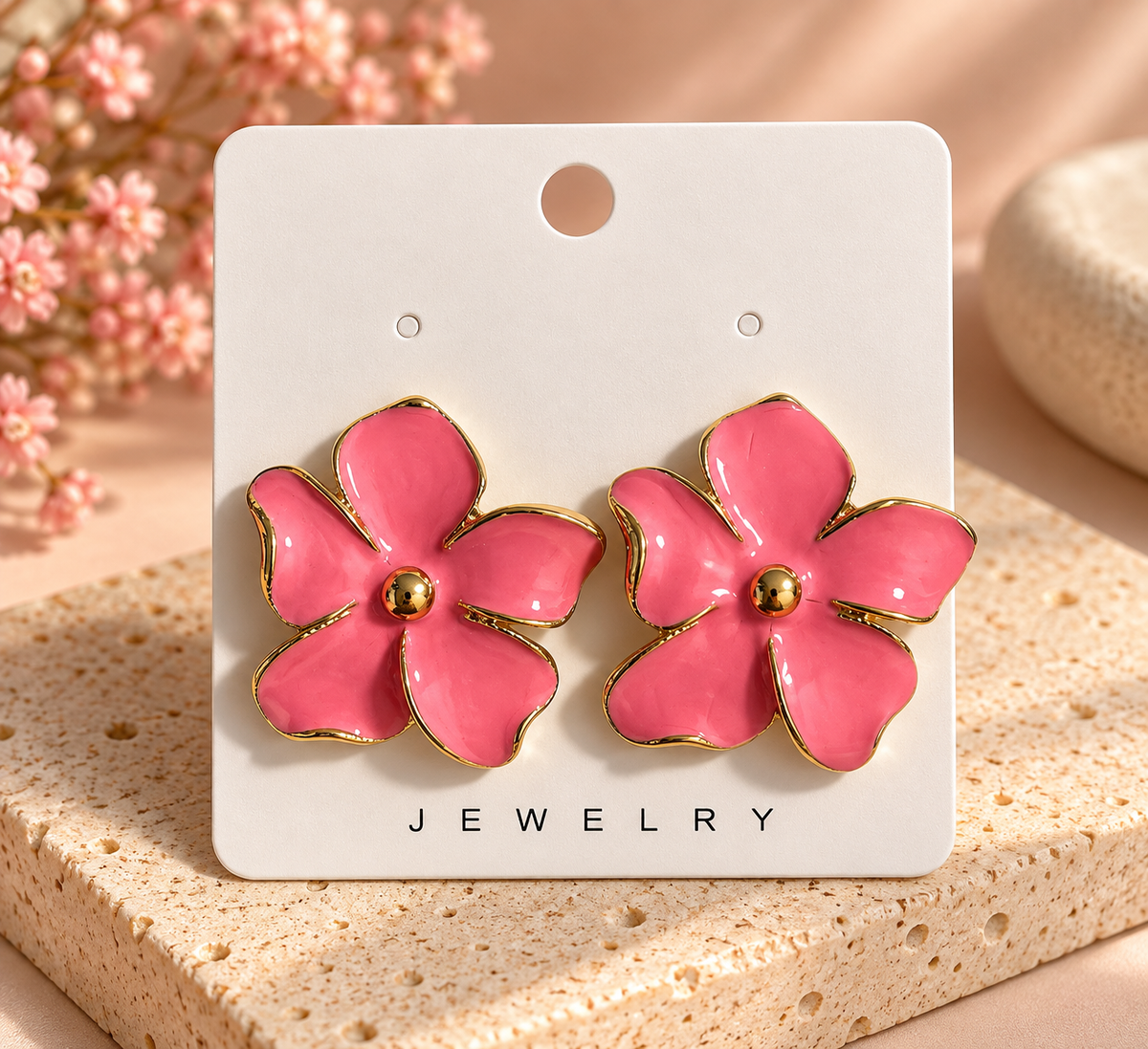 Pink Flower Stud Earrings – Gold-Tone Enamel Floral Earrings