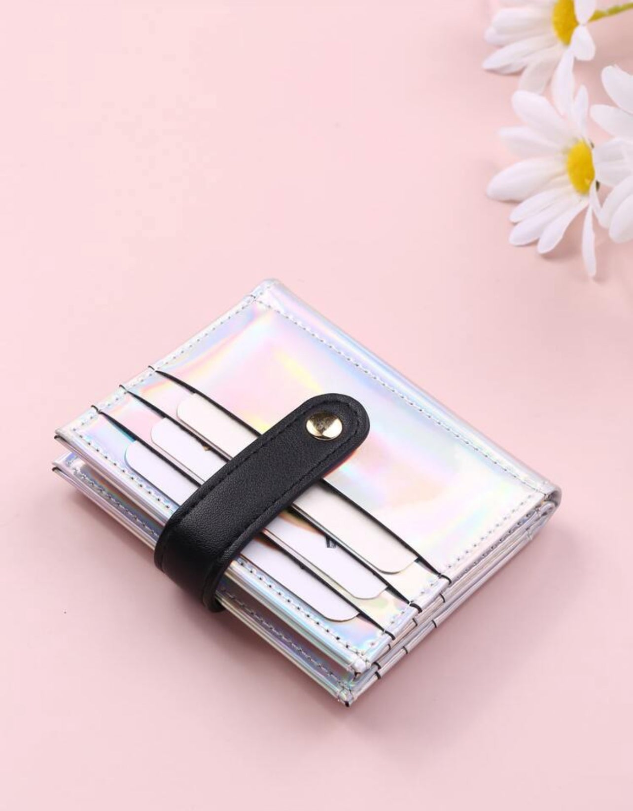 SHEIN Holographic Snap Button Lightweight Portable Card For Female Card Holder Wallet Business Card Holder Credit Card Holder Id Card Holder Mini wallet