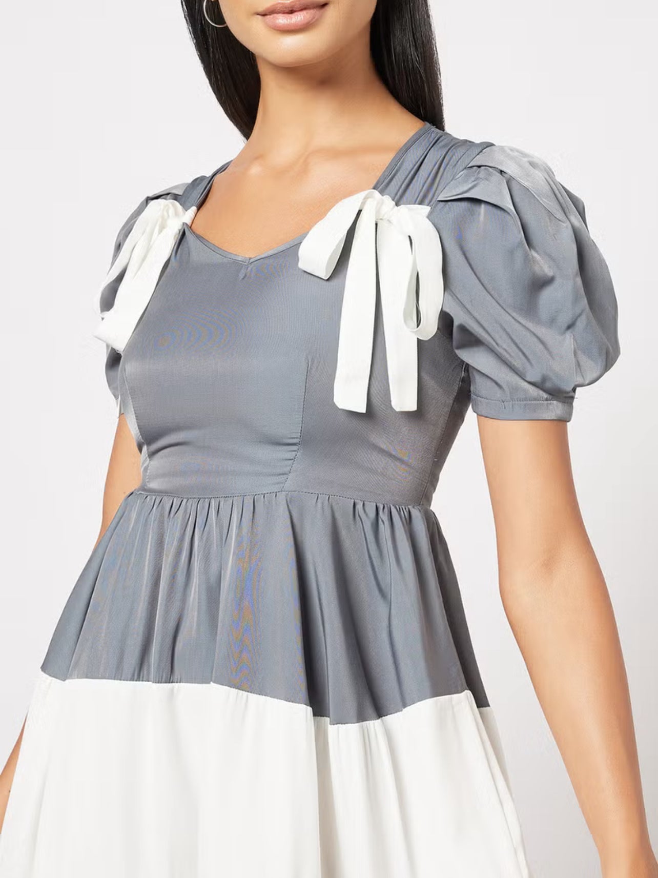 Casual Polyester Puff Short Sleeve Mini Colourblock Dress Flared Hem With Square Neck Summer Dress - Large