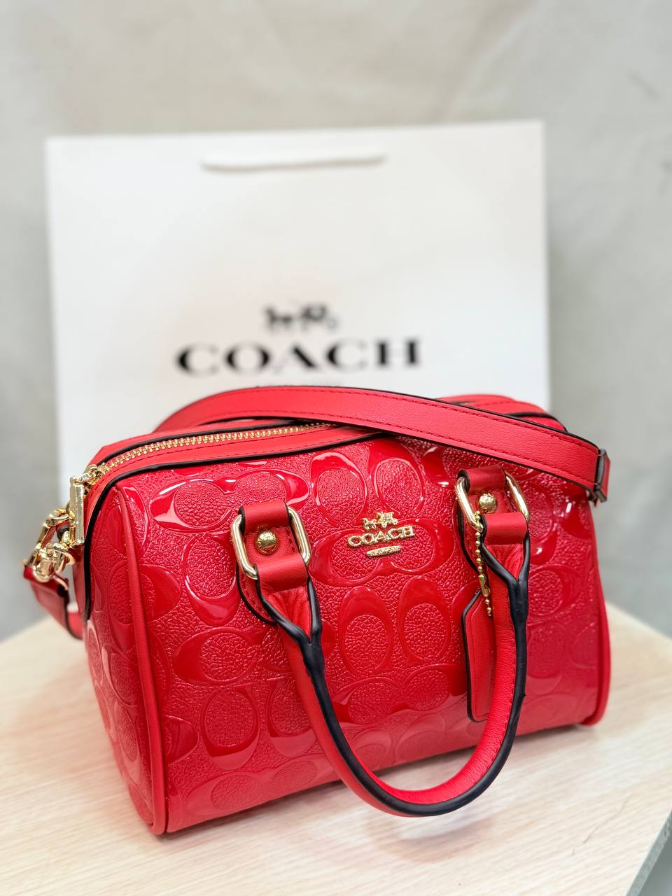 Coach High Copy Trending Red Patent Mini Boston Bag – Embossed Design with Crossbody Strap
