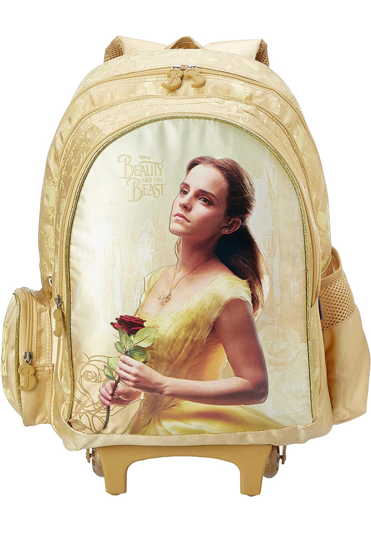 First Kid Beauty and the Beast Print Zip-up Trolley School Backpack for Girls - Yellow