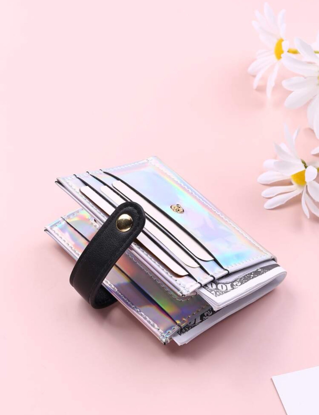 SHEIN Holographic Snap Button Lightweight Portable Card For Female Card Holder Wallet Business Card Holder Credit Card Holder Id Card Holder Mini wallet