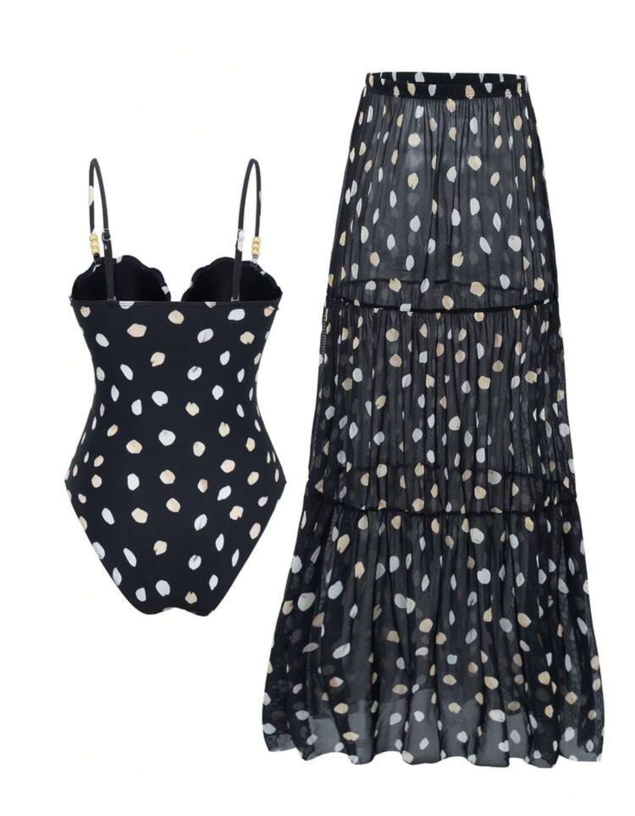 Swim Oasis New Sexy Tight Black & White Polka Dot Print Spaghetti Strap Push-Up Underwire One-Piece, Vacation Beach Crop Top & Skirt 2 Pieces Set For Summer - L,XL