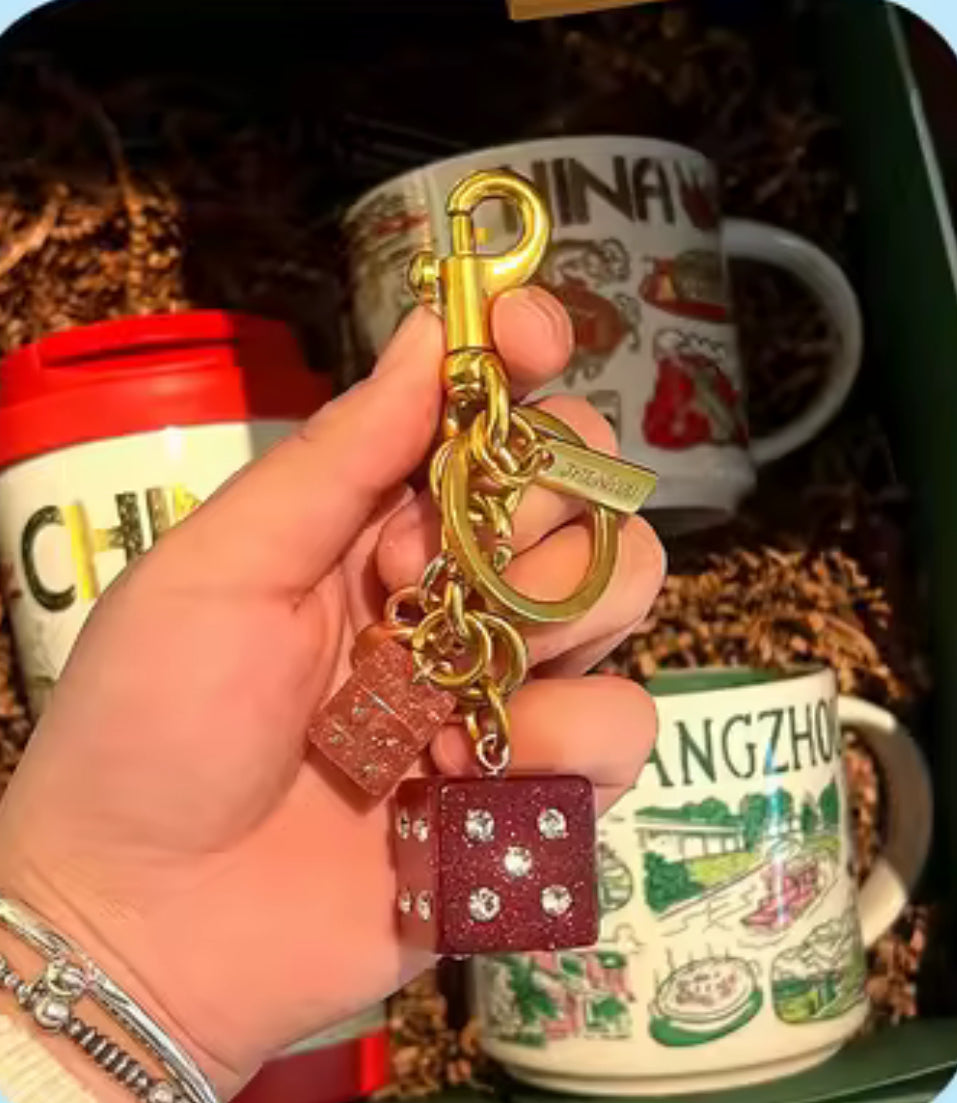 Fashionable Double-Sided Dice Pendants Diamond Embedded Bag Charms Trendy Personality Accessories Creative Gift Keychain