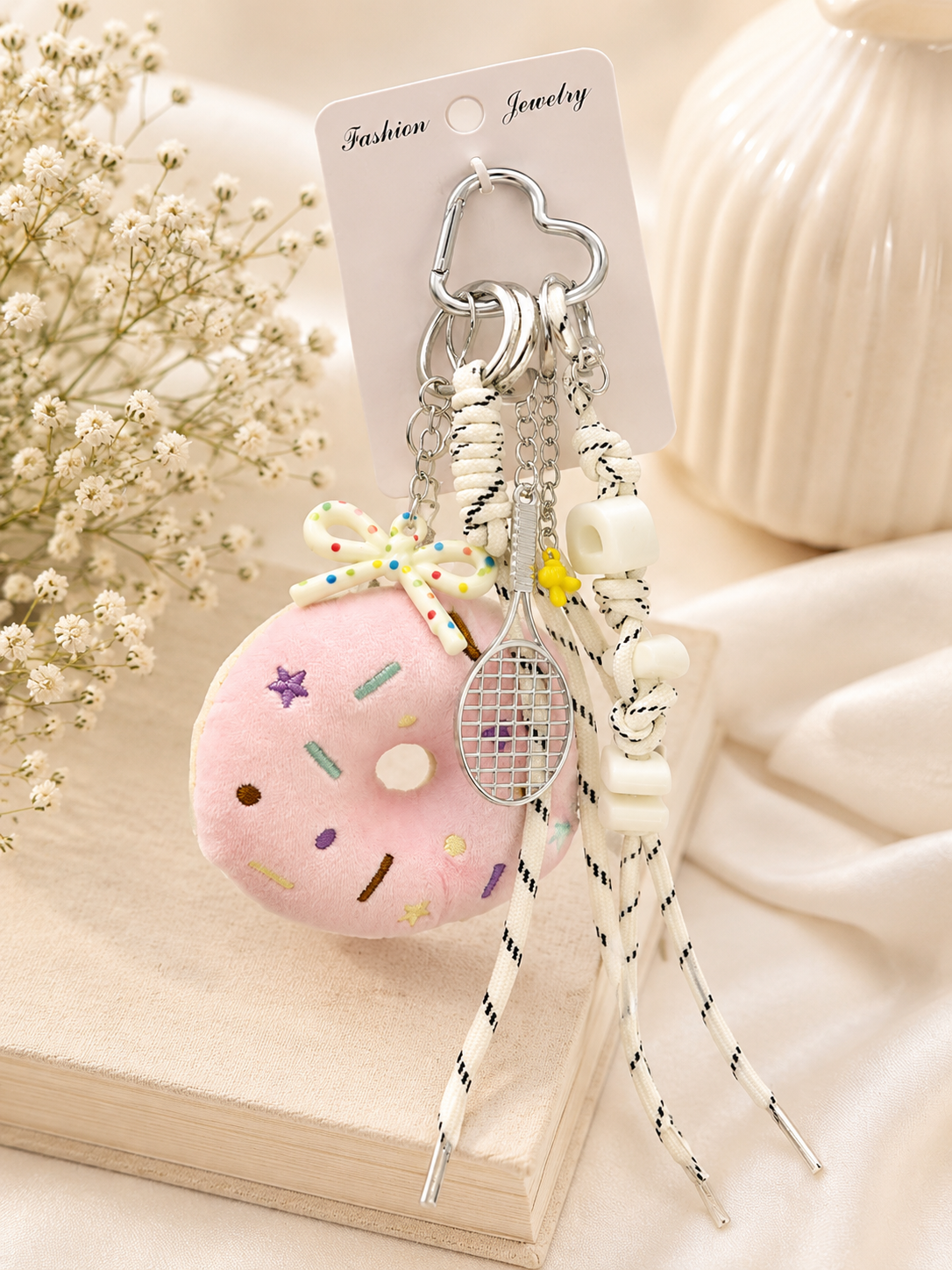 Cute Donut Plush Keychain with Tennis Racket Charm & Heart Carabiner