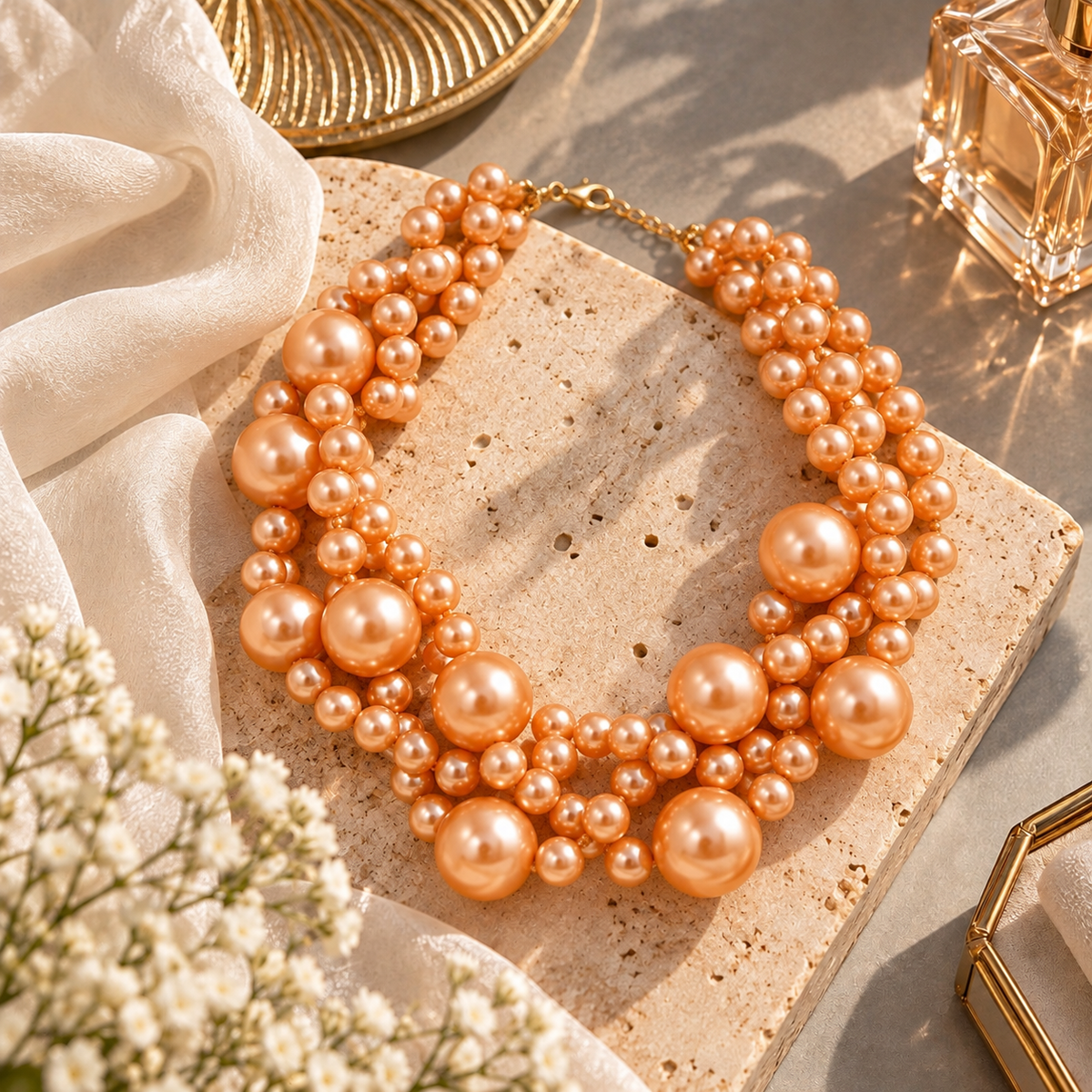 Elegant Multi-Strand Pearl Statement Necklace – Peach Gold