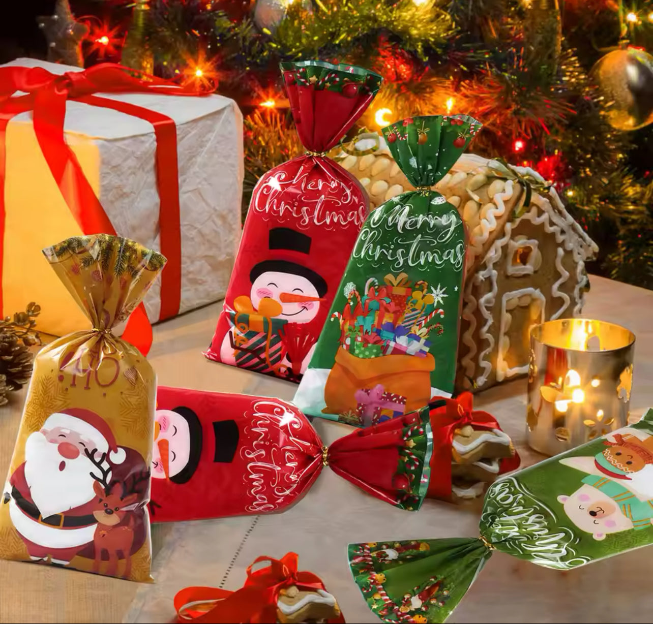 50pcs Christmas Candy Bags Christmas Decorations Santa Gift Bag Navidad Xmas Gift Bags Cristmas Cookies Packing Bag