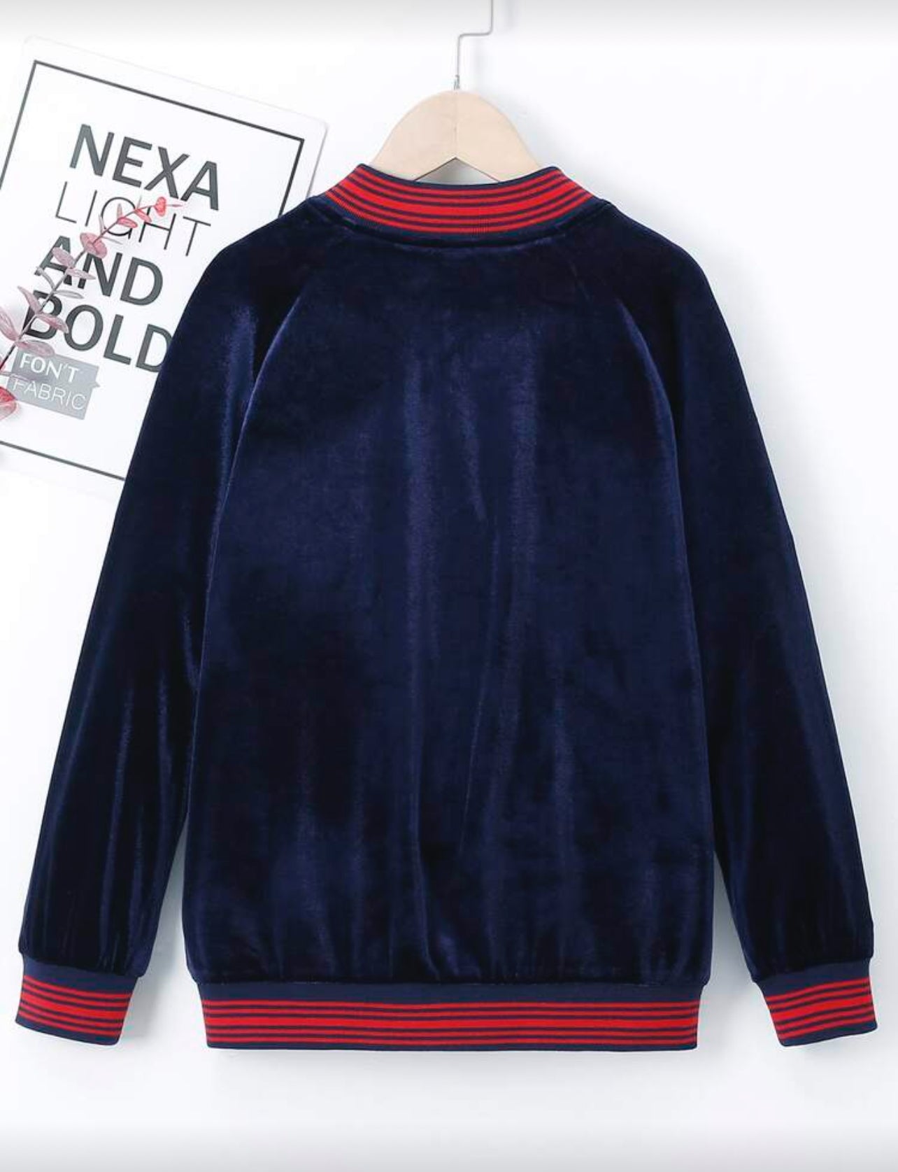 SHEIN Boys Letter Patch Detail Raglan Sleeve Striped Trim Velvet Bomber Jacket - 5Years