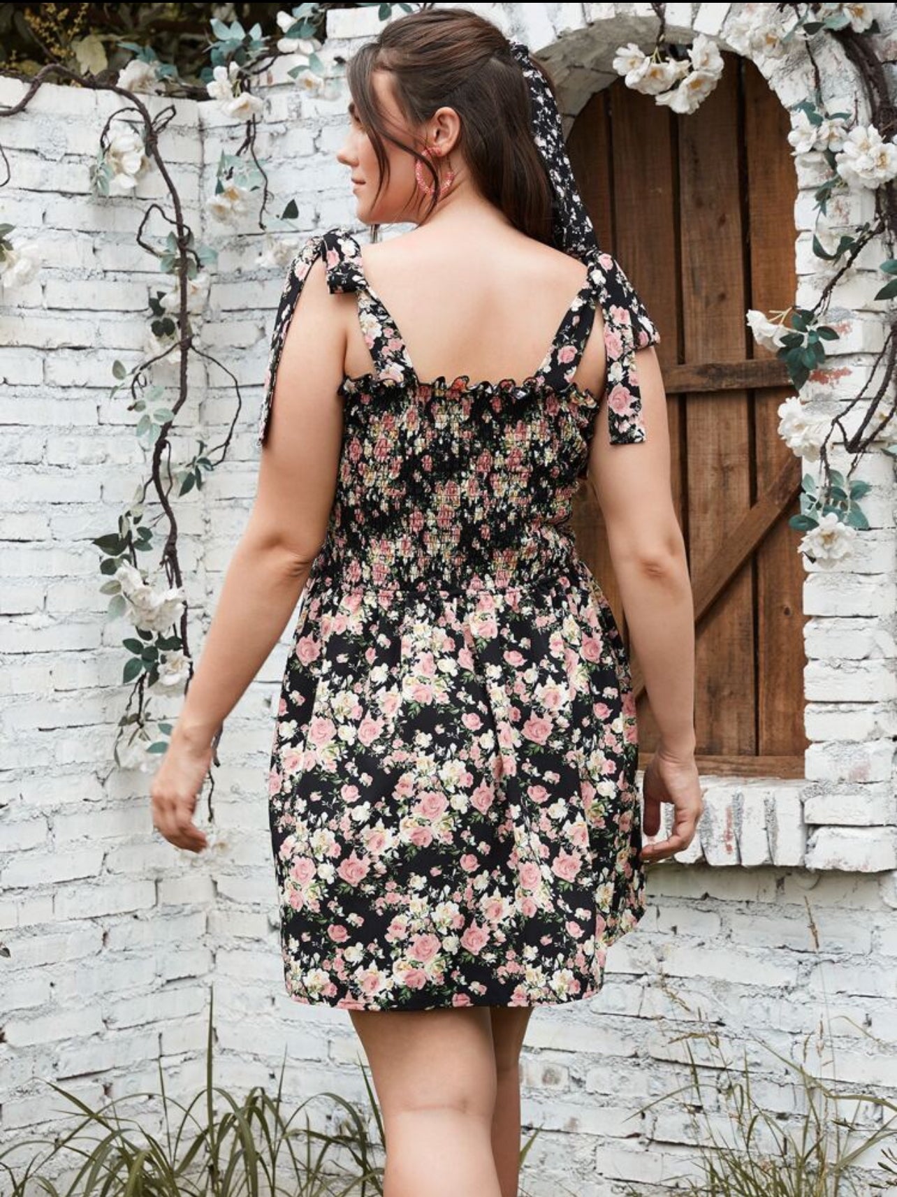 Shein Plus Floral Print Shirred Tie Shoulder Summer Dress - 0XL