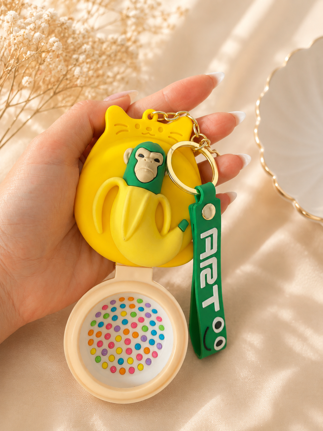 Cute Banana Monkey Compact Mirror & Hair Brush Keychain