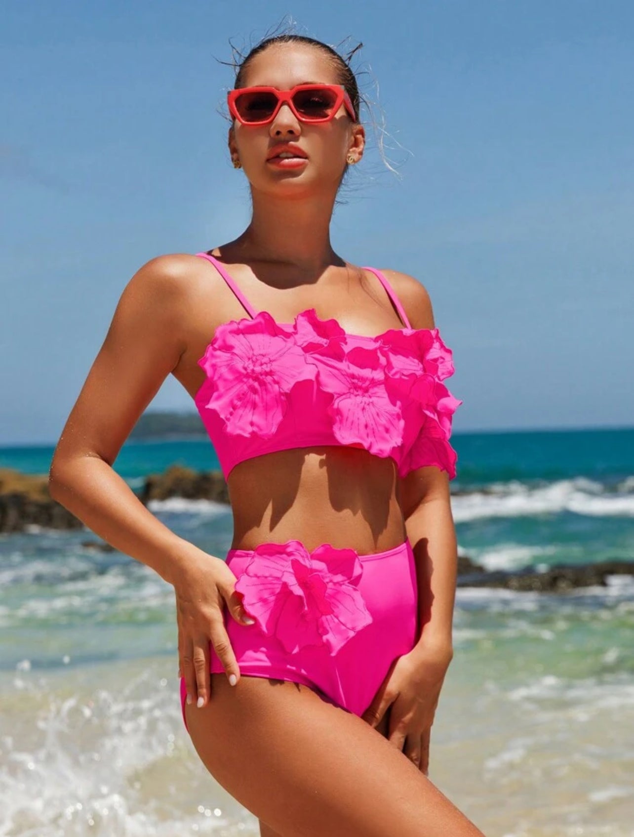 Swim Vcay Women's Summer Beach Hot Pink Solid Color 3D Flower Decorated Bikini Set Summer Two Pieces Set - Medium