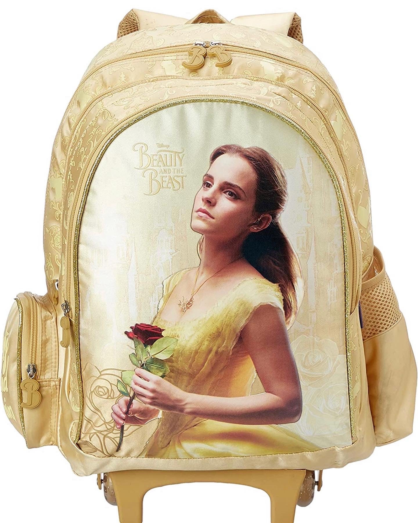 First Kid Beauty and the Beast Print Zip-up Trolley School Backpack for Girls - Yellow