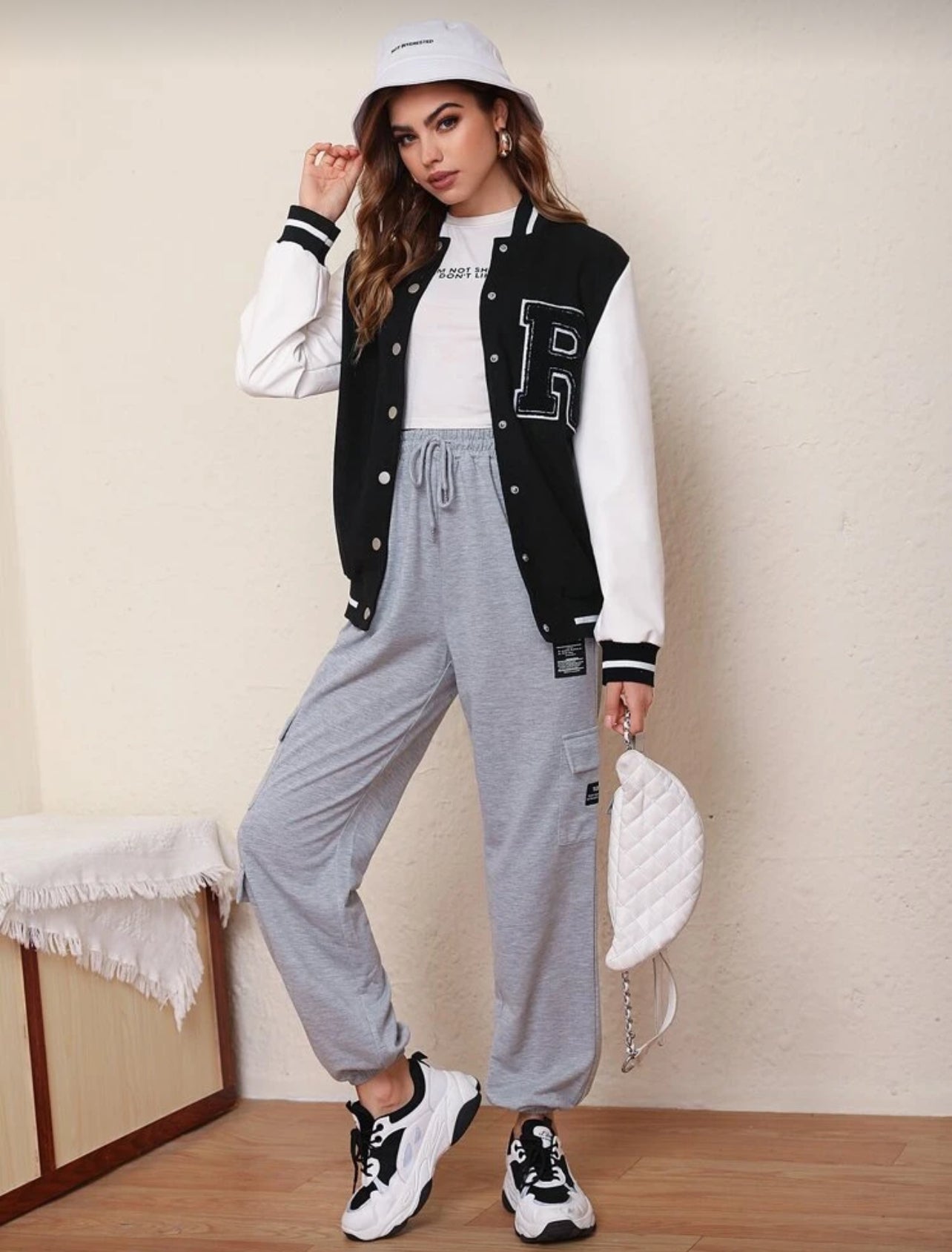 SHEIN Letter Patched Contrast Sleeve Varsity Jacket - M