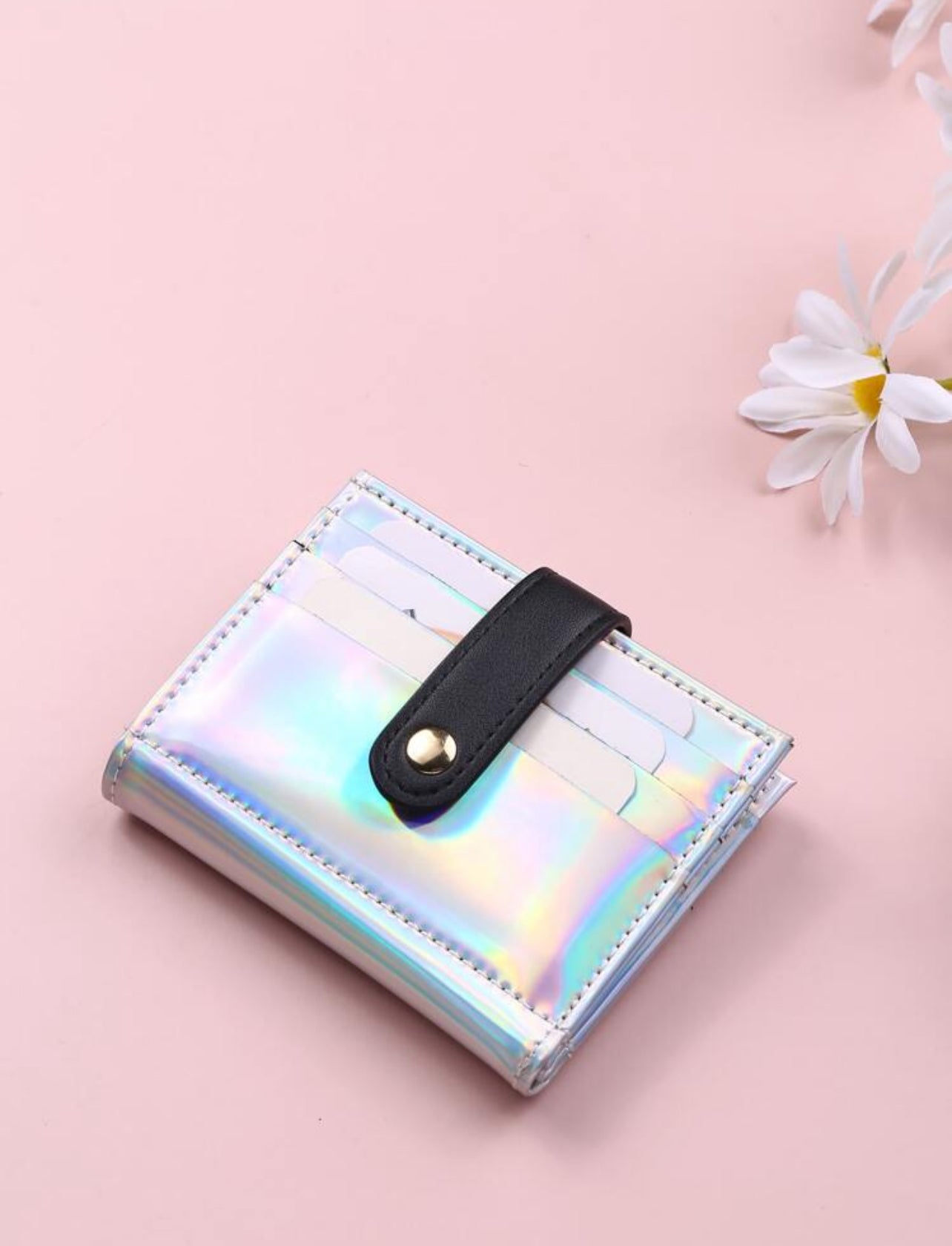 SHEIN Holographic Snap Button Lightweight Portable Card For Female Card Holder Wallet Business Card Holder Credit Card Holder Id Card Holder Mini wallet
